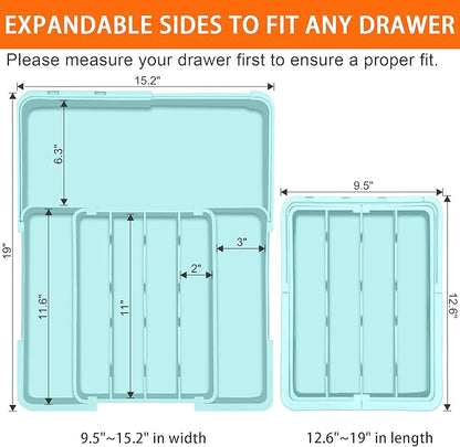Silverware Organizer - Expandable Silverware Drawer Organizer Adjustable Drawer Organizer, Silverware Tray for Drawer15.2"x 19" Cutlery Drawer Organizer, Kitchen Organizers Storage, Turquoise