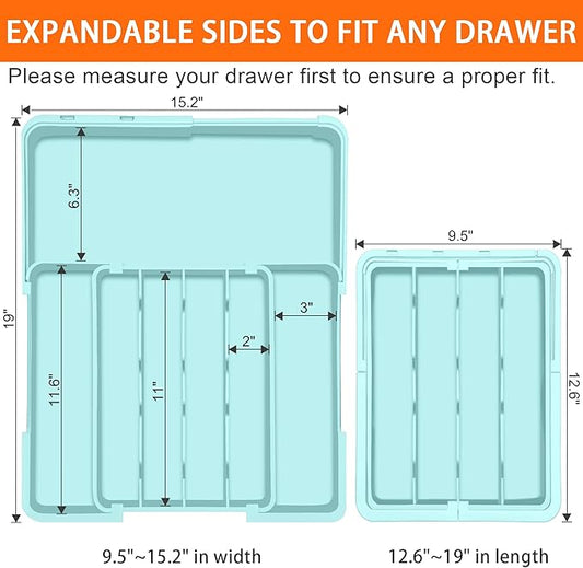 Silverware Organizer - Expandable Silverware Drawer Organizer Adjustable Drawer Organizer, Silverware Tray for Drawer15.2"x 19" Cutlery Drawer Organizer, Kitchen Organizers Storage, Turquoise