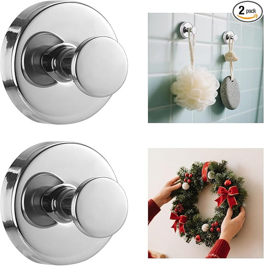 HESUSLA Suction Cup Hooks for Wreaths on Glass,2025 New Model No-Drill Suction Cup Hooks,Wreath Hangers for Front Doors,Metal Towel Hooks for Showers Bathrooms Mirrors(2 Pack,Chrome)