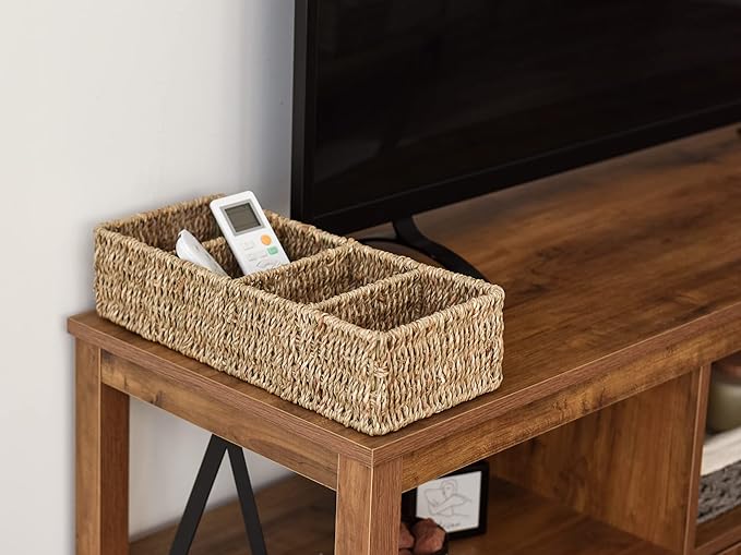 StorageWorks Small Wicker Basket for Organizing with 4-Section, Natural Seagrass Storage Baskets with Dividers for Pantry Shelves, 2-Pack