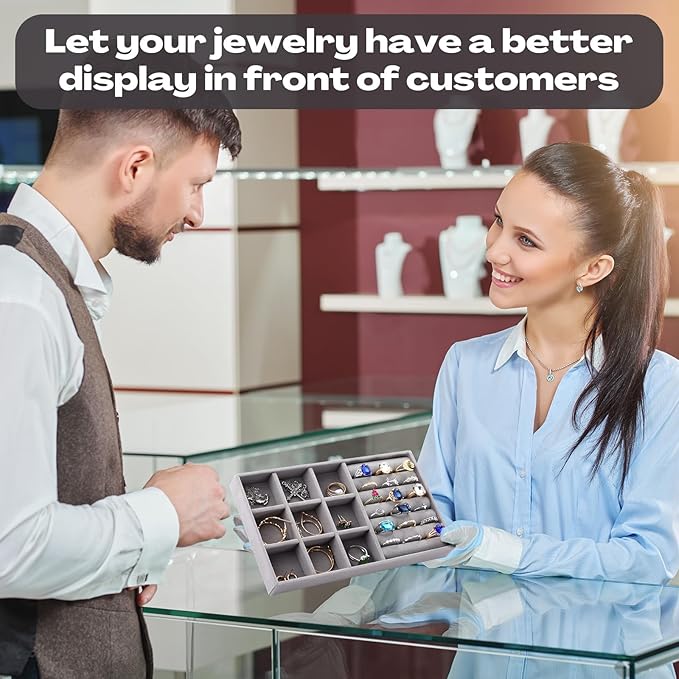 Landical 16 Pcs Stackable Jewelry Organizer for Drawer Velvet Jewelry Tray with Dividers Earring Holder & Ring Display Box Fits 8.4 x 5 x 1 Drawer Necklace Storage for Women, Girls,16 Styles (Grey)