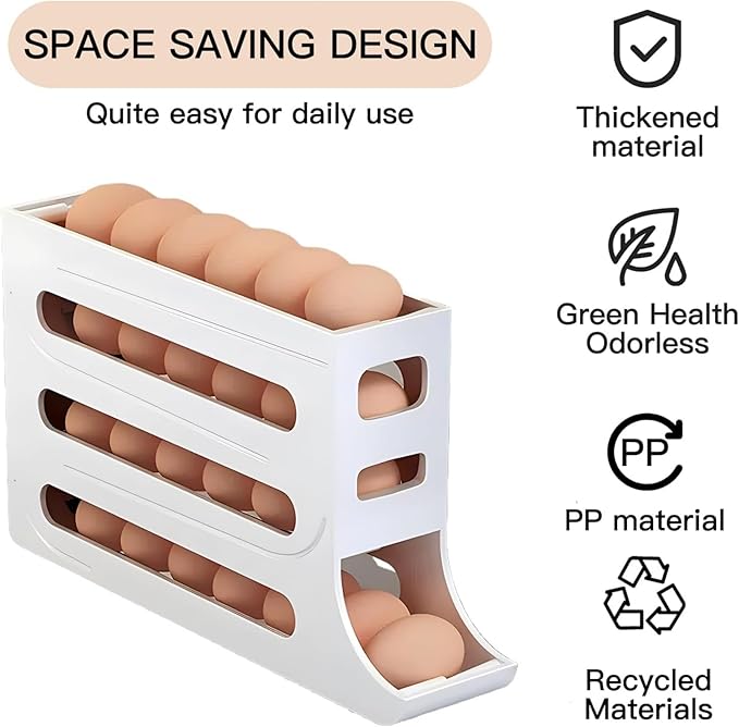 24 Eggs Egg Holder for Fridge,4 Tiers Egg Container,Auto Rolling Fridge Egg Organizer for Refrigerator,Space-Saving Egg Dispenser Holder,Fridge Egg Rack (White, 1pack)
