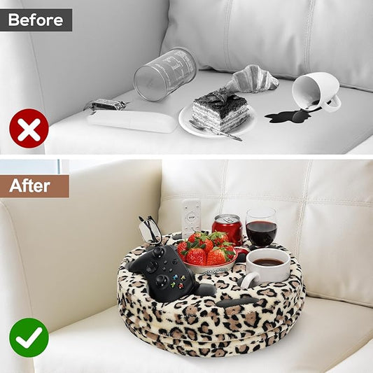 Couch Cup Holder Pillow - Cup Glass Cozy Pillow | Couch Caddy Sofa Bed Buddy Holds Drinks, Snacks, Remote, Phones, Tablet. Keep Drinks Stand and Prevent Spills for Car, Park, Beach (LeopardYellow)
