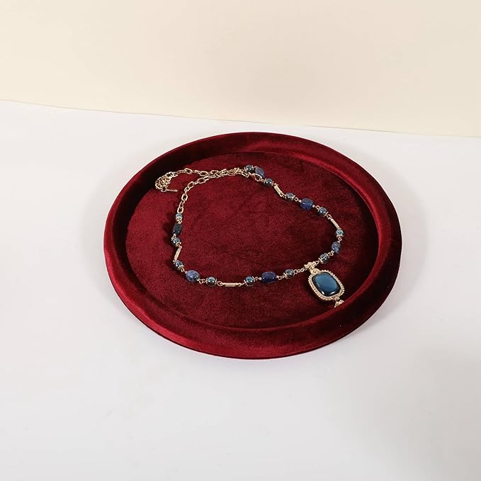 GemeShou Round Jewelry Organizer Plate, Top Microfiber Velvet Jewelry Display Tray, Empty Jewelry Showcase Tray for Necklaces, Bracelets, Rings, Earrings (Red-Large, 9.8 x 9.8 in)