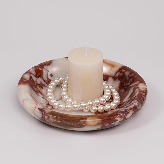 LWALMS Trinket Marble Jewelry Tray - Stone Ring Key Purse Holder Dish, Small Cute Round Plate Decorative Bowl for Nightstand Entryway Coffee Table Decor (5.5 inch)