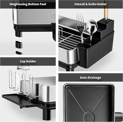 Ewaiira Dish Drying Rack, 304 Stainless Steel Dish Racks for Kitchen Counter, Dish Drainers with Automatic Drainage, Utensil Holder & Cups Holder, Space Saving Kitchen Organizer, Black