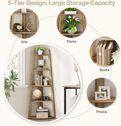 Tribesigns 70 inch Tall Corner Shelf, 5 Tier Modern Corner Bookshelf Bookcase Industrial Corner Ladder Shelf Plant Stand for Living Room, Kitchen, Home Office (Light Brown)