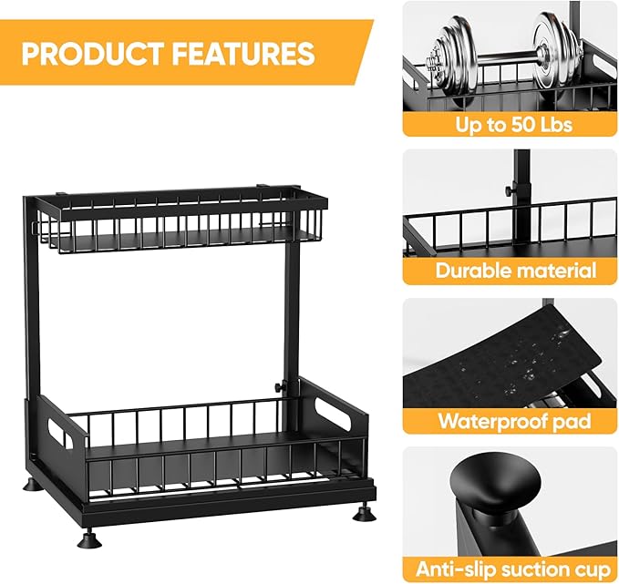Under Sink Organizer Storage 2-Tier Premium Metal Pull-Out Racks, Height Adjustable, Heavy Dut and Easy Installation for Kitchen & Bathroom Organizers 2 Pack