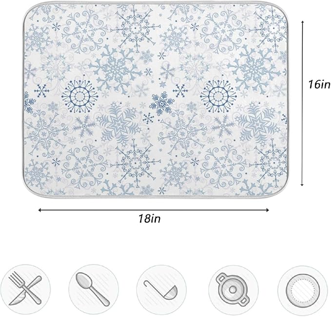 ZzWwR Chic Beautiful Snowflake Christmas Absorbent Dish Drying Mat Microfiber Kitchen Countertop Table Protector Multi-Purpose Counter Rack Sink Drainer Pad (16" x 18",White)
