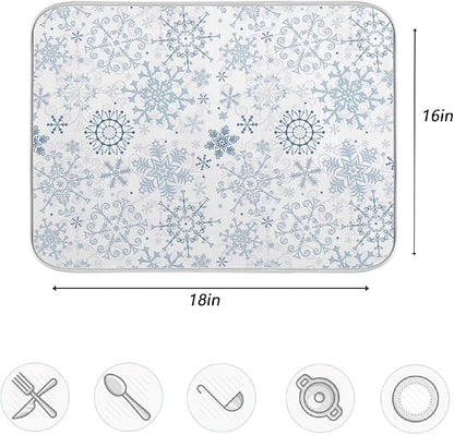ZzWwR Chic Beautiful Snowflake Christmas Absorbent Dish Drying Mat Microfiber Kitchen Countertop Table Protector Multi-Purpose Counter Rack Sink Drainer Pad (16" x 18",White)