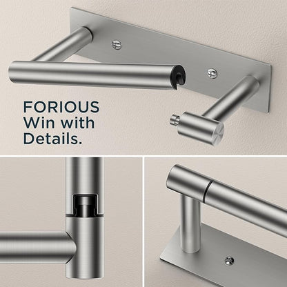 FORIOUS Adhesive Toilet Paper Holder Brushed Nickel, Self Adhesive or Wall Mounted Options, Stainless Steel Rustproof Stick on no Drilling Pivoting Toilet Tissue Roll Holder Wall Mount for Bathroom