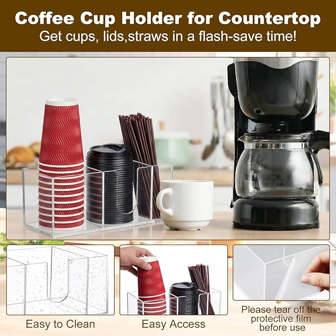 2 Pcs Acrylic Coffee Cup Holder With 3 Compartments Clear Coffee Cup Dispenser for Countertop Plastic Lid Holder Station Organizer Accessories for Kitchen Bar Shop Farmhouse Table