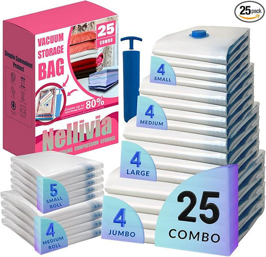Nellivia 25 Pack Vacuum Storage Bags with Pump, Compression Space Saver for Comforter, Bedding, Blanket Storage, Vacuum Seal Bags for Clothing, Luggage and Closet Organizer