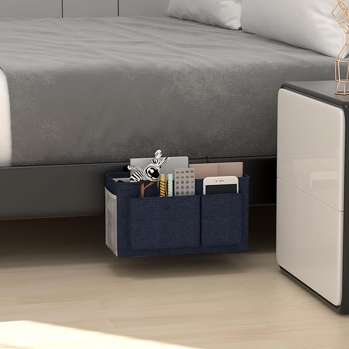 Edudif Bedside Caddy Bedside Organizer with Fixed Straps & Water Bottle Holder, Bunk Bed Caddy ideal for Home, Dorm, Hospital, Crib, Versatile Bedside Storage Solution (Navy)