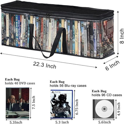 CD DVD Storage Bags 6-Pack, Clear Blu-ray Case Holder with Zipper & Handles | Holds 56 Blu-ray, 40 DVD, 96 CD Cases per Bag | Media & Video Game Storage Organizer for Movies