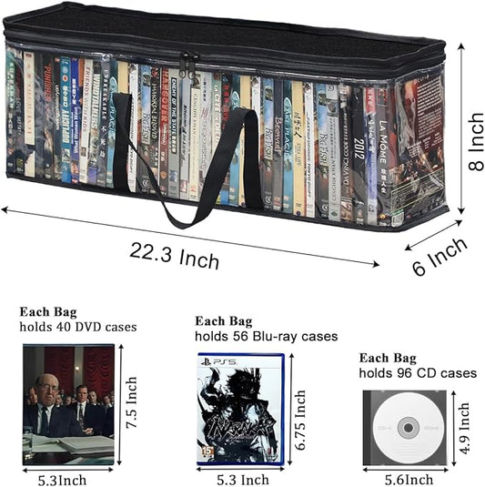 CD DVD Storage Bags 6-Pack, Clear Blu-ray Case Holder with Zipper & Handles | Holds 56 Blu-ray, 40 DVD, 96 CD Cases per Bag | Media & Video Game Storage Organizer for Movies