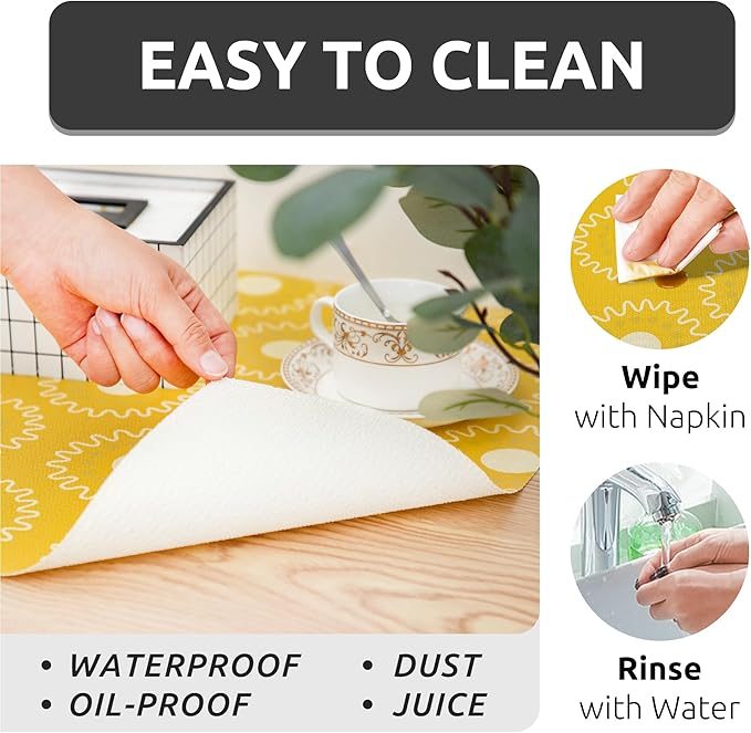 FIFTY FEET 18X96 Inch Shelf Liner for Kitchen Cabinets, PVC Drawer Liner for Dresser Non-Slip Bathroom, Non-Adhesive Cabinet Liner Washable (Yellow Circle)(1 Roll)