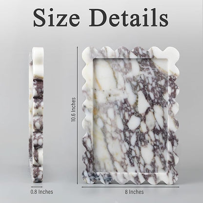100% Real Natural Marble Tray, Genuine Calacatta Viola Scalloped Stone Tray, Luxury Decorative Trays for Bathroom Dresser, Vanity, Home, Kitchen Decor, Non-Resin/Ceramic, 10.6"x 8", Purple