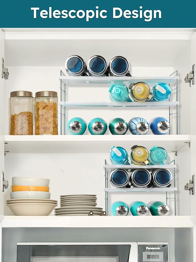 Water Bottle Organizer For Cabinet, Expandable Water Bottle Holder Rack, Adjustable Tumbler Storage For Kitchen Organization, 3 Tier Cup Organizer For Sports Flask Insulated Travel Mug Fridge, White