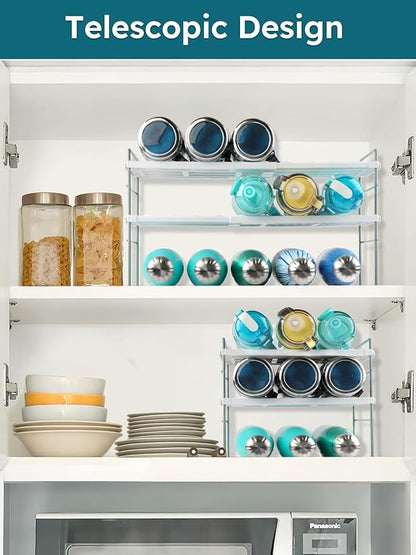 Water Bottle Organizer For Cabinet, Expandable Water Bottle Holder Rack, Adjustable Tumbler Storage For Kitchen Organization, 3 Tier Cup Organizer For Sports Flask Insulated Travel Mug Fridge, White