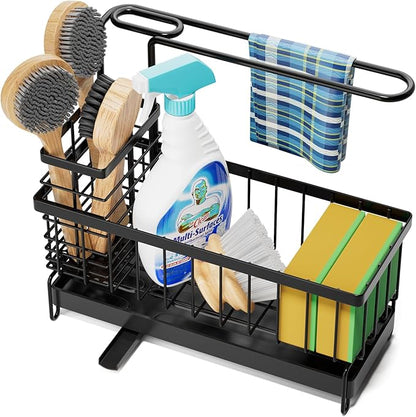 Kitchen Sink Caddy, Sponge Holder with Towel Holder, Kitchen Holder for Sink with 360 Degree Rotating Drain, Carbon Steel Rustproof, Kitchen Sink Caddy Sponge Holder for Gadgets and Decor