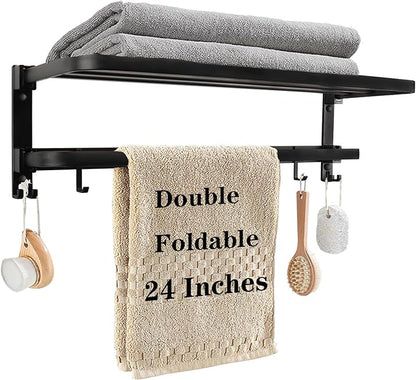 Towel Racks for Bathroom, Foldable Towel Shelf with Towel Bar & 7 Towel Hooks, Rustproof Double Bath Towel Holder Wall Mounted Towel Storage Hanger for Bathroom/Balcony/Lavatory(24In Black)