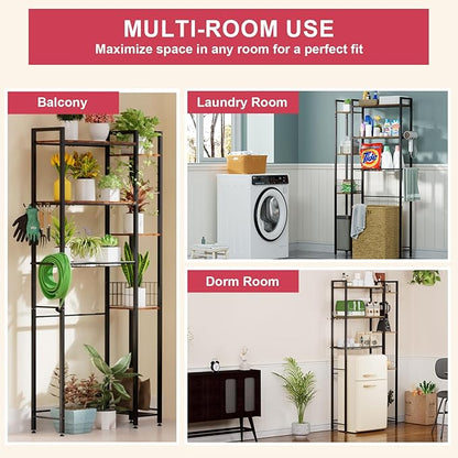 QOOIE Over The Toilet Storage with Wooden Shelves and Side Rack, 7-Tier Metal Over Toilet Bathroom Organizer Freestanding Storage Shelf for Toilet Paper, Towels, Toiletries, Ideal for Small Bathroom
