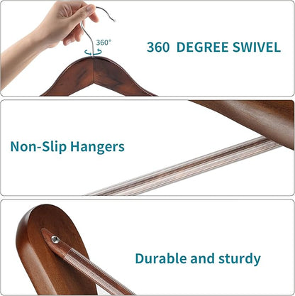 ABHENG Solid Wood Suit Hangers, 10 Pack, Coat Hangers with Non Slip Trouser Bar, 360° Swivel Hook, Heavy Duty Wide Hangers for Suit, Coat, Jacket, Trousers, Pants,17.3" W x 9", Dark Walnut AWY0410H