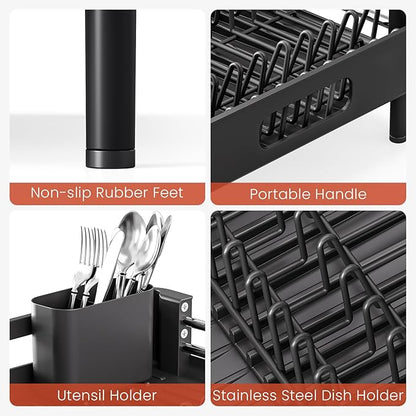 TOOLF Dish Drying Rack with Drainboard, Extendable Dish Rack for Kitchen Counter, Expandable Dish Drainer, Dish Strainer, Foldable Home Countertop Plate Storage Rack with Cutlery Holder, Black