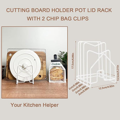 Cutting Board Holder Pot Lid Organizer W 2 Chip Bag Clips 304 Stainless Steel Pan Organizer Under Cabinet Inside Cabinet Pot Cover Cookie Sheet Bakeware Serving Tray Cooling Rack Stand Kitchen White