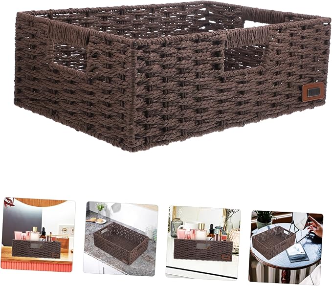 Garneck Woven Decorative Storage Basket for Home Organization Simple and Elegant Design Versatile Sundries Basket for Office Kitchen Bathroom Bedroom Rustic Rattan Style