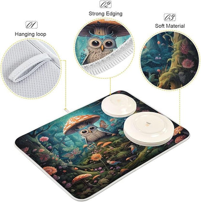 Beautiful Fairy Forest Owl Mushroom Flowers Butterfly Microfiber Dish Drying Kitchen Countertop Table Protector Multipurpose Counter Rack Sink Drainer Pad (16" x 18")