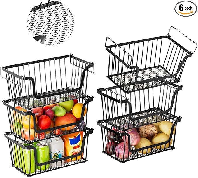 6 Pack Enhanced Leak-Proof Bottom Stackable Wire Baskets, Pantry Organizers and Storage, pantry storage，Shelf Baskets, Fruit Basket, Potato and Onion Storage Bins，(Black)