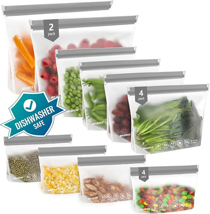 IDEATECH 12Pack Food Storage Bags Dishwasher Safe, BPA Free Gallon Freezer Bags, Reusable Snack Bags, Leakproof BPA Free Reusable Baggies for Lunch,Travel(2Gallon 4Quart 4Snack, Grey)