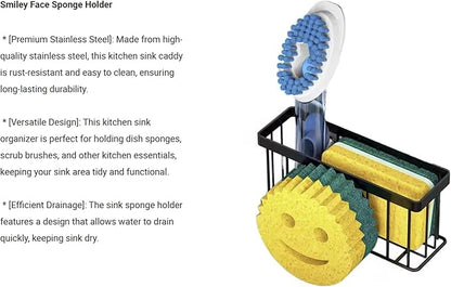 Smiley Sponge Holder for Kitchen Sink – Suction Cup Sink Caddy Organizer – No Drill Kitchen Sink Organizer for Sponge, Soap & Scrubber – Rustproof Metal Sink Sponge Holder – Includes Face Sponge.