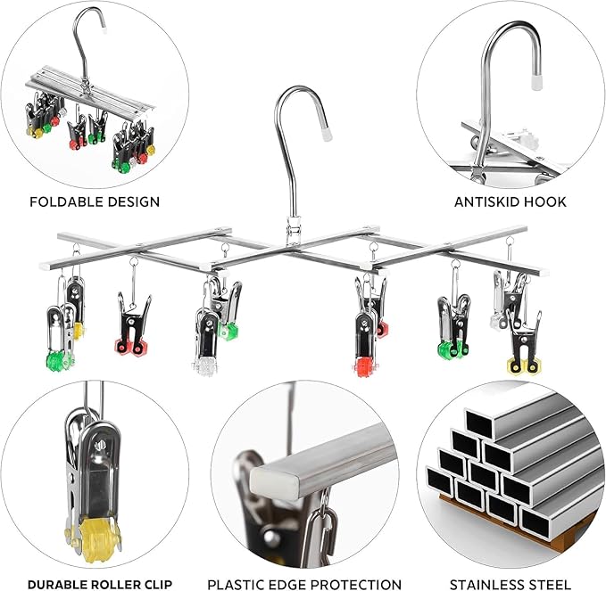Drying Hanger, Hanging Drying Rack 2Pcs, Drip Hanger Stainless Steel with 10 Pegs for Laundry Underwear Socks, The Clips Release Quickly, Folding Portable