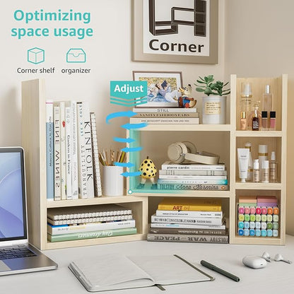 Desk Shelves Desktop Orgnizer Shlef - Natural Wood Tone Office Organization for Top of Desk Organizers and Accessories Corner Bookshelf Table Top Shelving Small Hutch Decorations for Office
