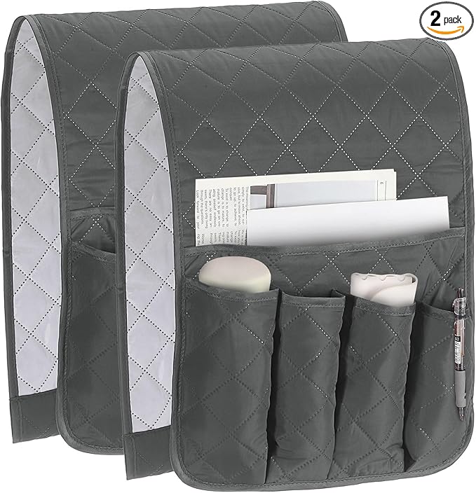 uxcell 2 Pcs Recliner Armchair Caddy, Couch Armrest Organizer with 5 Pockets for Bedside Sofa Remote Control Holder Magazine Phone Book Glasses (Gray, 35"x13")