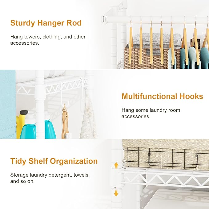 U14 Medium Over the Washer and Dryer Shelves, 4 Tiers Laundry Room Storage and Organizer System, Space Saving Clothes Drying Rack with 2 Clothes Hanger Rods, 57.8"W x 20.5"D x 77.4"H, White