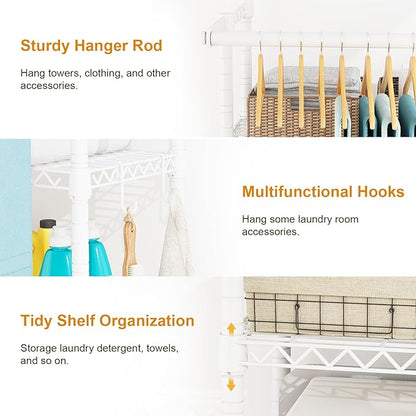 U14 Medium Over the Washer and Dryer Shelves, 4 Tiers Laundry Room Storage and Organizer System, Space Saving Clothes Drying Rack with 2 Clothes Hanger Rods, 57.8"W x 20.5"D x 77.4"H, White