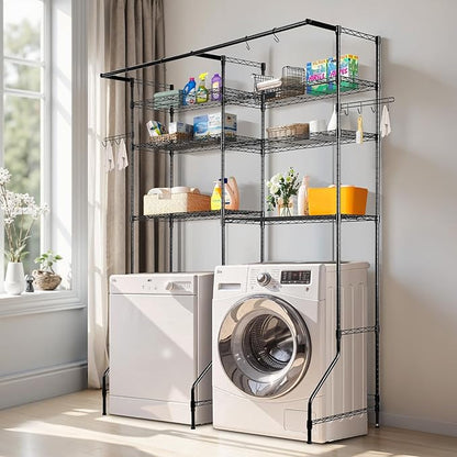 VEVOR Over Washer and Dryer Storage Shelves, 6 Tiers Laundry Room Drying Rack with Hanger Rod and Hooks, Two Rows Adjustable Washer Shelves Space Saver, for Laundry Room Storage & Organization, Black