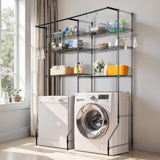VEVOR Over Washer and Dryer Storage Shelves, 6 Tiers Laundry Room Drying Rack with Hanger Rod and Hooks, Two Rows Adjustable Washer Shelves Space Saver, for Laundry Room Storage & Organization, Black