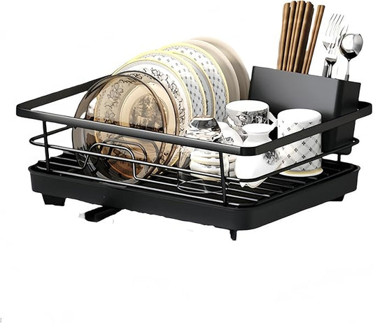 Kitchen Dish Drying Rack Self-Draining Adjustable 360° Rotating Drain Pipe Stainless Steel Large Capacity Tidy Countertop Easy Clean Home Kitchen Organization Family Use (Black Chopstick Holder)