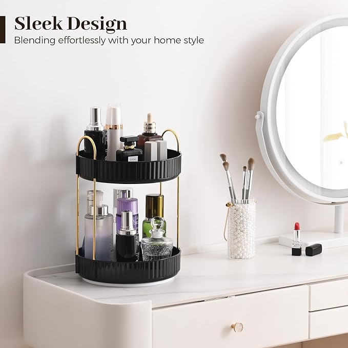 Aveniee 360 Rotating Makeup Organizer for Vanity, Skincare Perfume Organizers, 2 Tiered Bathroom Countertop Storage, Black Cosmetics Lipstick Skin Care Holder for Dresser