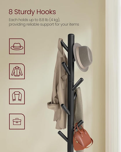 VASAGLE Coat Rack, Free Standing Coat Stand, Hall Coat Tree with 8 Hooks and Storage Shelf, 69.2 Inch Tall, for Coats, Hats, Bags, for Entryway, Hallway, Bedroom, Ink Black URCR033B01