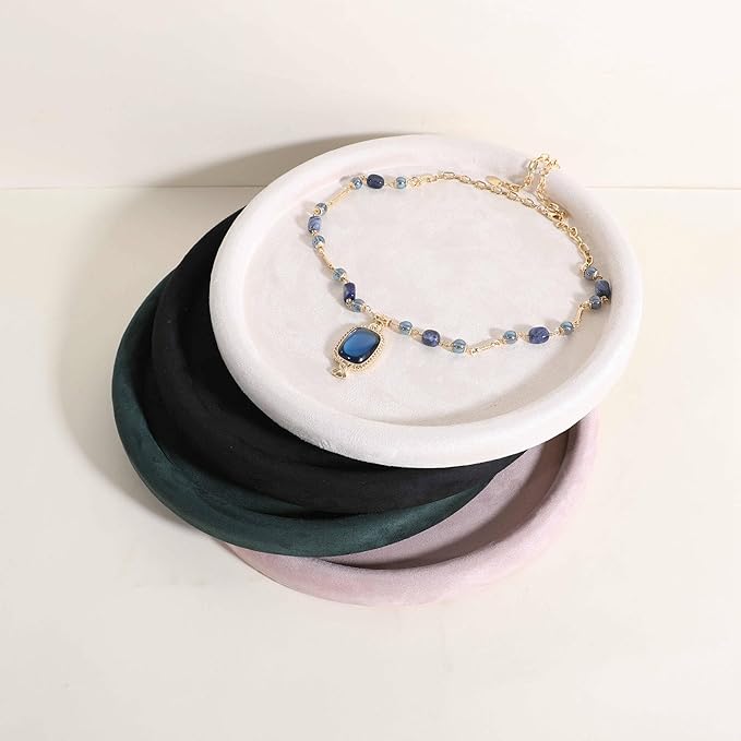 GemeShou Round Jewelry Organizer Plate, Top Microfiber Velvet Jewelry Display Tray, Empty Jewelry Showcase Tray for Necklaces, Bracelets, Rings, Earrings (Cream-Large, 9.8 x 9.8 in)