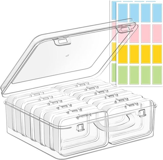 Small Bead Organizers and Storage, 12 Clear Plastic Boxes with Hinged Lids, for Beads, Jewelry Making, Crafts, Hardware, Fishing Tackle, Small Parts (32 Labels)