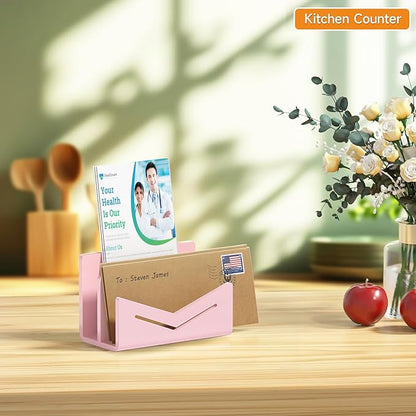 Beego Envelope and Mail Organizer Countertop - 2 Compartments Pink Acrylic Desk Organizer Letter Holder Desktop File Sorter Bill Document Folder Rack for Office, Home, School Desk Organization