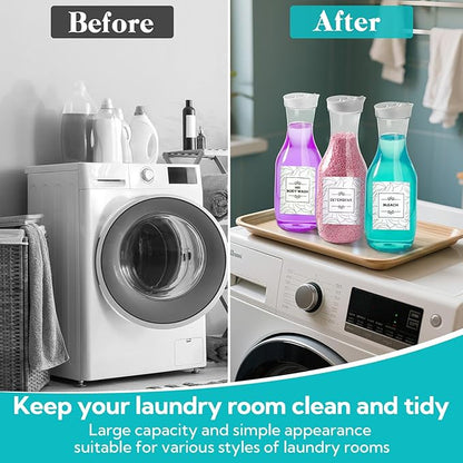 4 Pack Laundry Bottles 53oz Plastic Liquid Detergent Dispenser with 20 Label Laundry Room Organization for Liquid Powder Bleach Scent Booster Beads Soap Fabric Softener