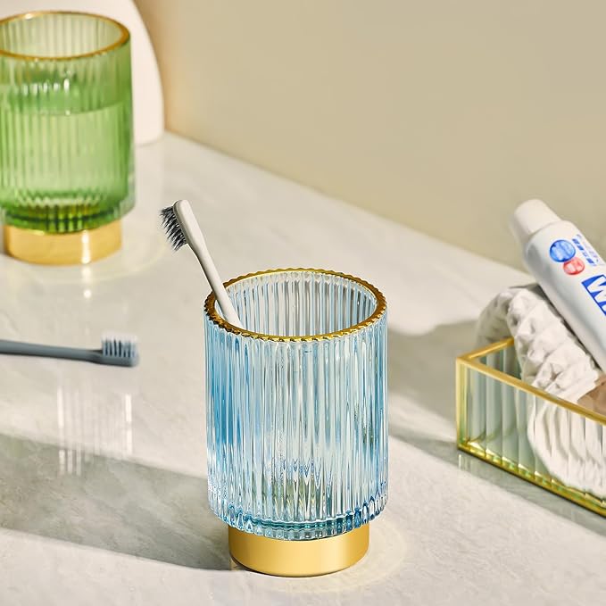 LEICURACE Makeup Brush Holder Organizer,Toothbrush Holders,Desk Pen Pencil Holder,Multifunctional Vintage Glass Brush Cup（S+L/Blue/A3-3-US）